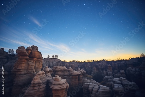 starry sky over a silhouetted canyon landscape