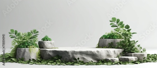podium, showcase in green grass with tropical palm branches - 3d render. Wooden stand, display on green background with sun shadow for advertising products.