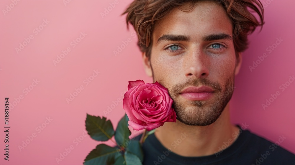 minimalist vivid advertisment background with handsome man with rose and copy space minimalist vivid advertisment background with handsome man with rose and copy space