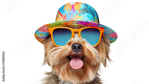 Happy dog in sunglasses and hat for summer on white background © Pixel Town