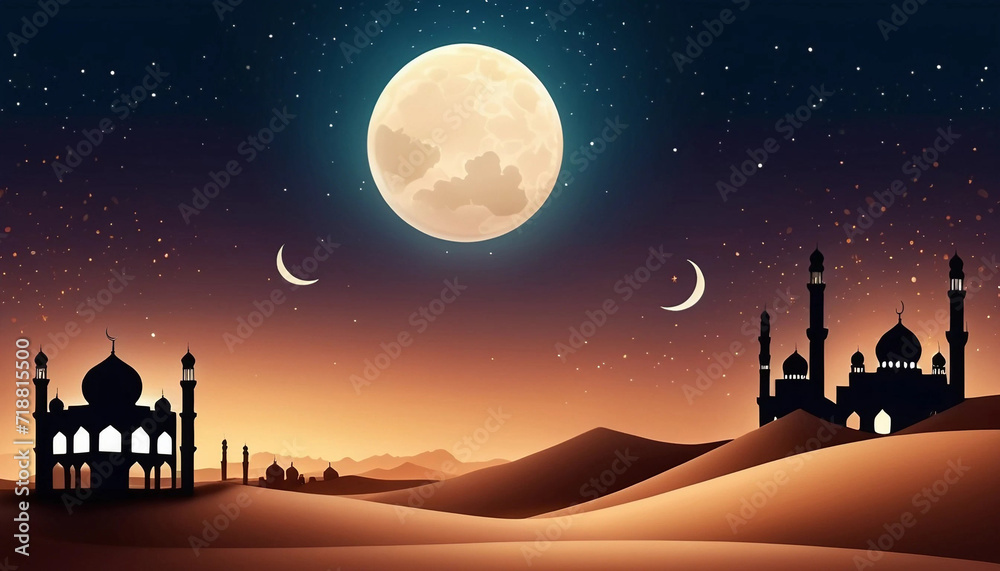Lanterns-stands-in-the-desert-at-night-sky--lantern-islamic-Mosque--crescent-moon-Ramadan-Kareem-themed-illustration-background