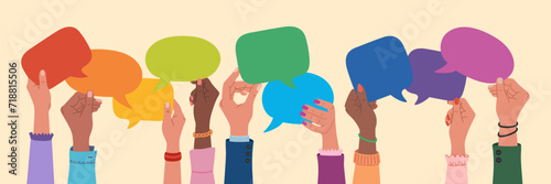 Diverse multiracial hands holding speech bubbles, people exchange ideas. Team cooperation and communication. Hand drawn vector illustration isolated on light background, flat cartoon style.