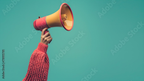 portrait of young feminist girl holding loudspeaker in hands promoting feminism to society, stand isolated over pink background. Generative Ai