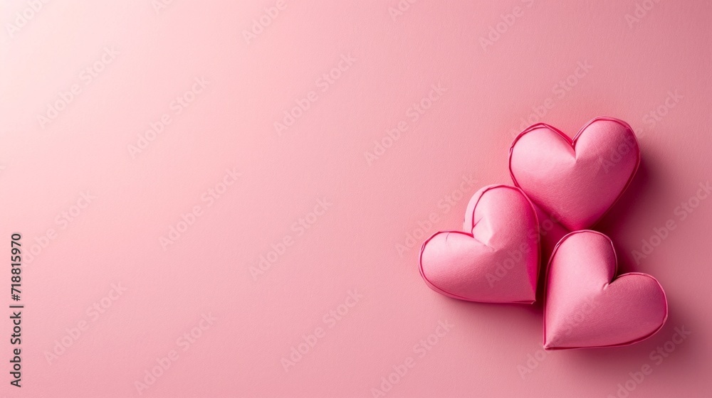minimalist pink vivid background with two paper little hearts and copy space