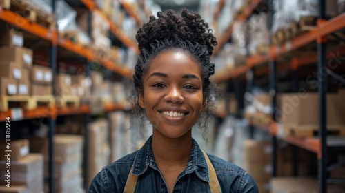 girl warehouse worker smiling, standing in an aisle with boxes in front of her