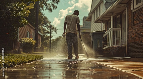 man washing a wet walkway with white high quality house cleaning nozzle,