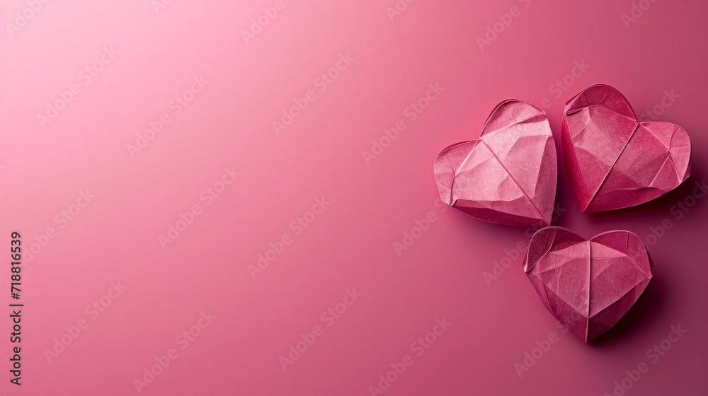 minimalist pink vivid background with two paper little hearts and copy space