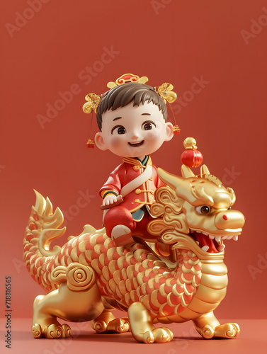 boy sitting Chinese dragon statues, celebrating Chinese New Year, surrounded 