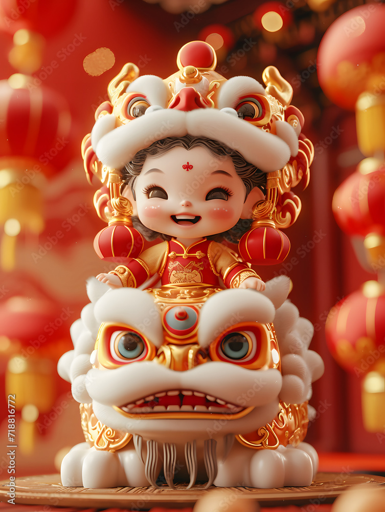 Chinese New Year celebration featuring a lion statue and festive decorations, surrounded by angelic porcelain figurines, toys, and holiday-themed objects