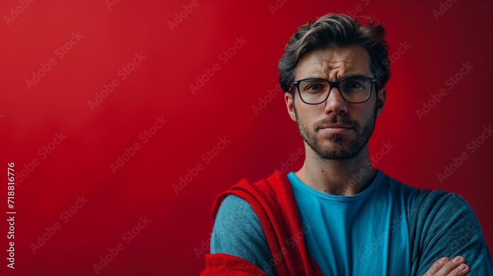 minimalist vivid advertisment background with handsome suprhero and copy space minimalist vivid advertisment background with handsome suprhero and copy space