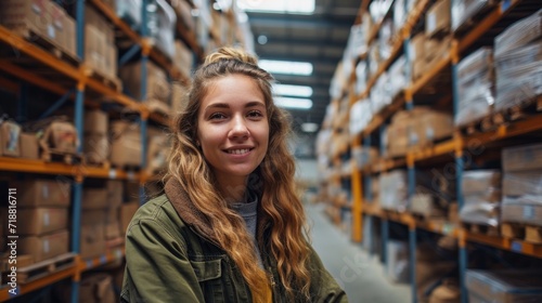 girl smiling in warehouse or distribution room