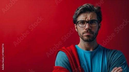minimalist vivid advertisment background with handsome suprhero and copy space