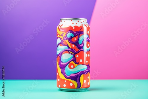 blackcurrant soda can with a vibrant color contrast background