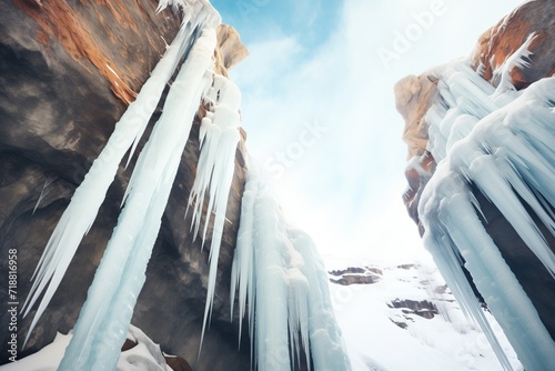 icicles hanging from a frozen canyon waterfall