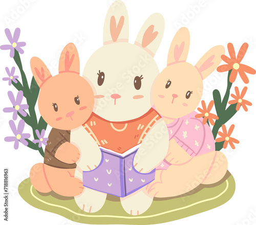 Cute Bunnies Hugging Each Other with Flowers in Pastel Colours for Easter