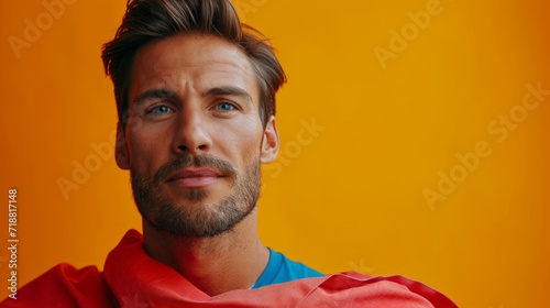 minimalist vivid advertisment background with handsome suprhero and copy space