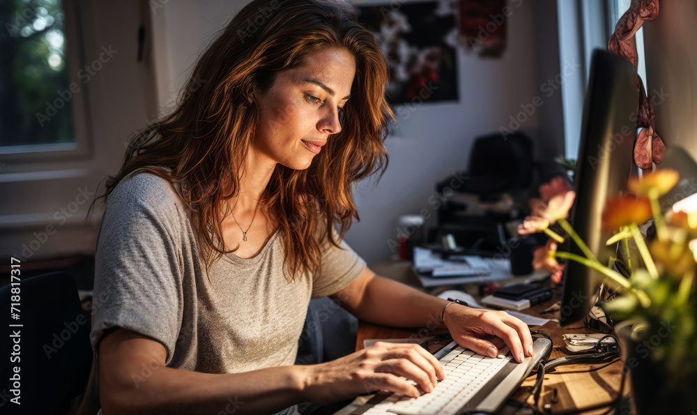 Dedicated Woman Engaged in Remote Work at Home