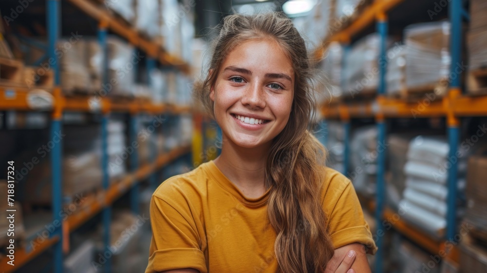 Fototapeta premium girl smiling in warehouse or distribution room