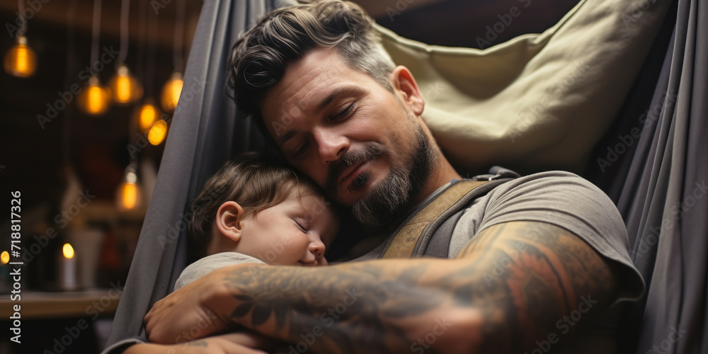 Obraz premium Soothing Embrace: Dad Putting Baby Boy to Sleep