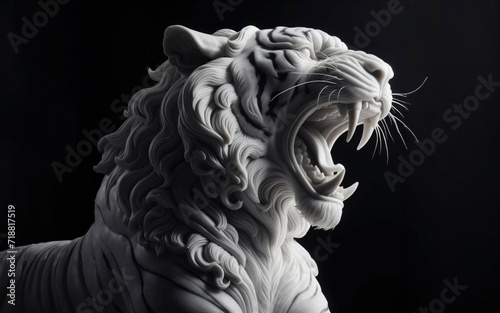 stone marble statue of a tiger on a black background