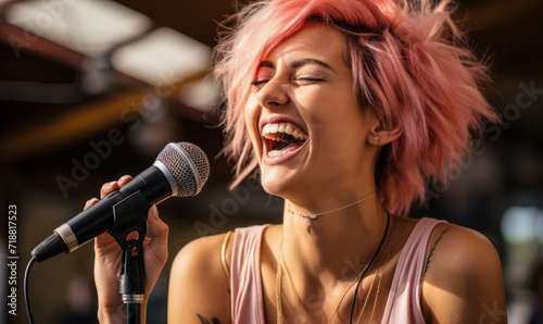 Age-Defying Talent: 40s Female Singer with Vibrant Pink Hair