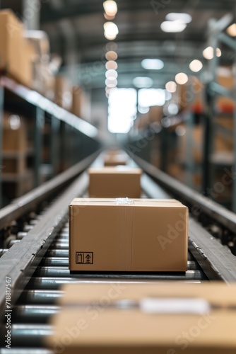 Vertical image of logistic distribution centre warehouse row of multiple cardboard packages moving along a conveyor belt