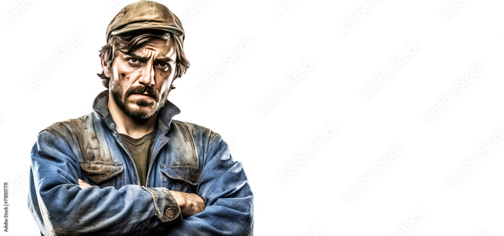 Close up of male car mechanic emotionally irritated, angry, white background isolate. Close up of male car mechanic emotionally irritated, angry, white background isolate.