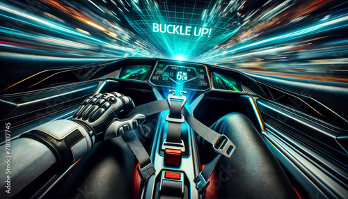 Race car cockpit view where a racers gloved hand is reaching to fasten a high-tech seatbelt. Above the dashboard, a holographic display projects BUCKLE UP! emphasizing the imminent speed and challenge