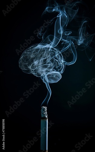 Cigarette smoke in the shape of human brain on black background.Stop smoking concept