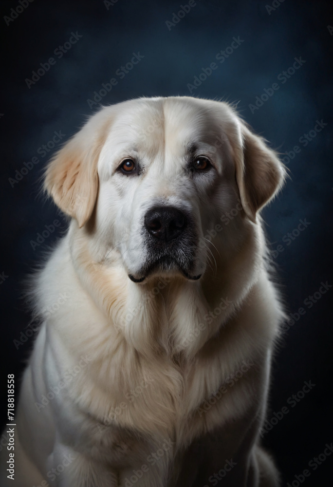 Portrait of great pyrenees dog against dark blue studio background