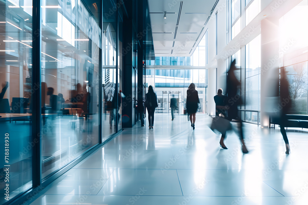 Photo of a large number of office workers running around the office. The high pace of work in the office is conveyed through the blur effect and long exposure.