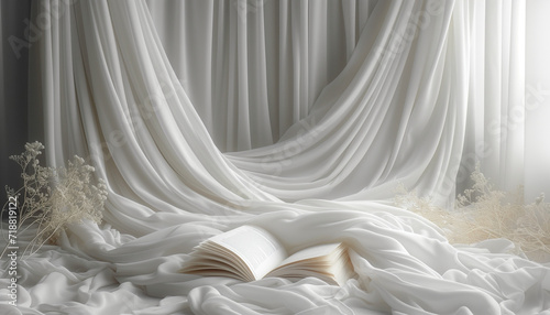 Open book on white textile background. World book day. International literacy day. Reading concept. World Poetry Day. National library lovers month concept. Back to school. 