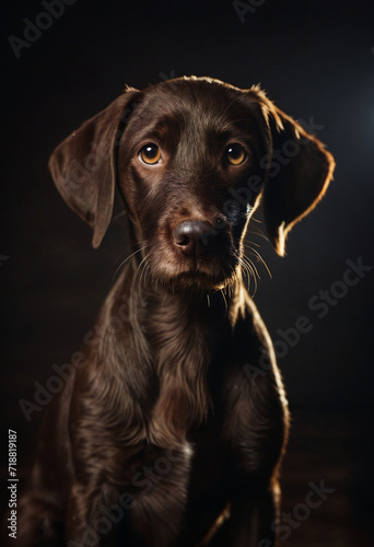 Dog portrait of german wirehaired pointer puppy on studio background