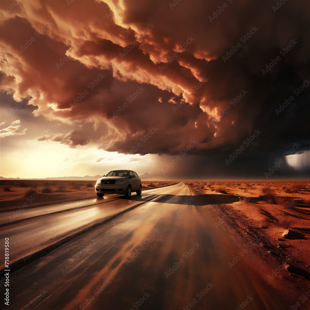 sunset over the road with car and dramatic clouds