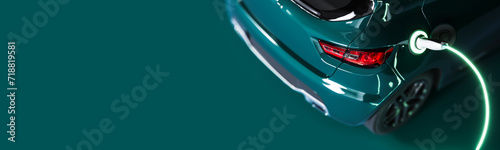 Green electric car connected to charger on green background with copy space. Automobile industry concept. 3D Rendering, 3D Illustration