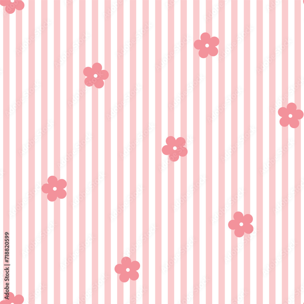 Seamless pattern with pink stripes and flowers
