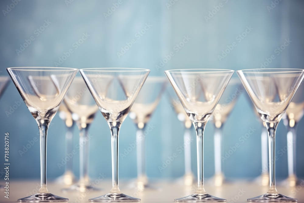row of empty martini glasses with a single filled cosmo, blue toned lighting