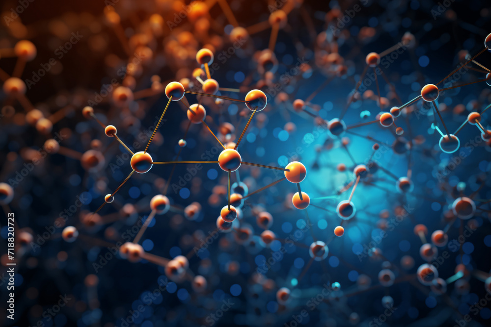 Molecular Chain of Golden Molecules on Blue Background - obrazy, fototapety, plakaty 
