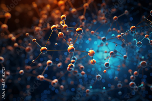 Molecular Chain of Golden Molecules on Blue Background photo