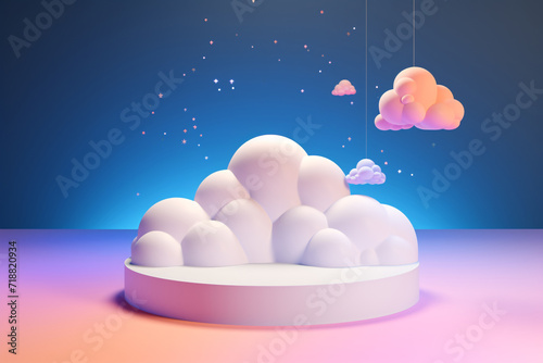 3D Pink Podium with Cute Cloud Galaxy Star Space Background