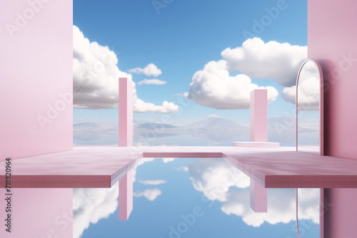 Pink Desert Fantasy Landscape Wallpaper with Geometric Mirror