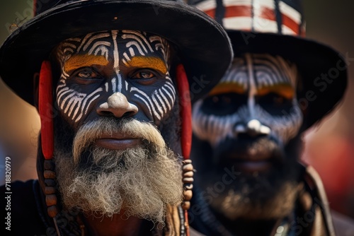Portrait of a man with painted face in traditional costume, Aboriginal Australia concept.