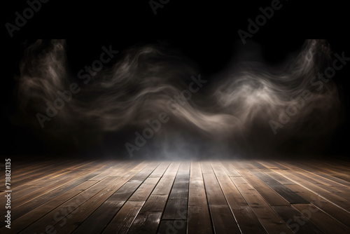 Empty Wooden Floor with Smoke Floating Up on Dark Background