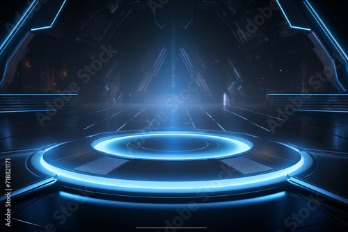 Cyberpunk Podium on Studio with Neon Blue and Spotlight and Wall Texture, Futuristics Technology Style