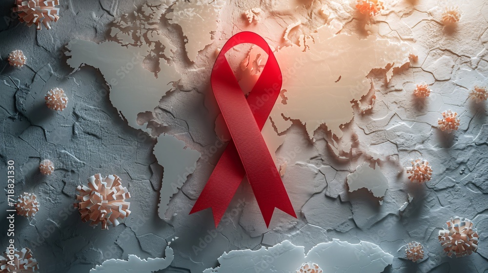 Red Ribbon Map: A Global Awareness of HIV/AIDS Generative AI - obrazy, fototapety, plakaty 