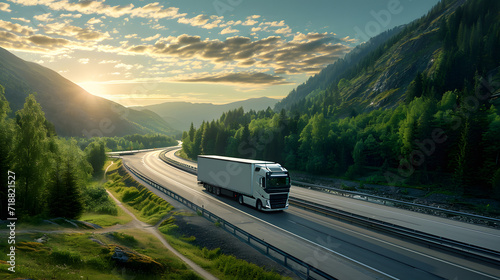 Modern truck on the highway delivers cargo. Beautiful landscape on the background. Logistics and import export concept © CozyDigital