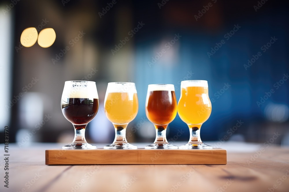 closeup of a beer flight with assorted ales on a table - obrazy, fototapety, plakaty 