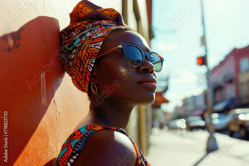 A graceful woman with an African headwrap and chic sunglasses in urban setting.