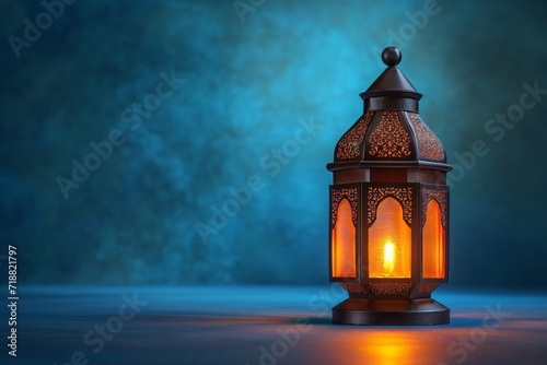 Decorative Arabic lantern with burning candle glowing on blue background, Ramadan Kareem