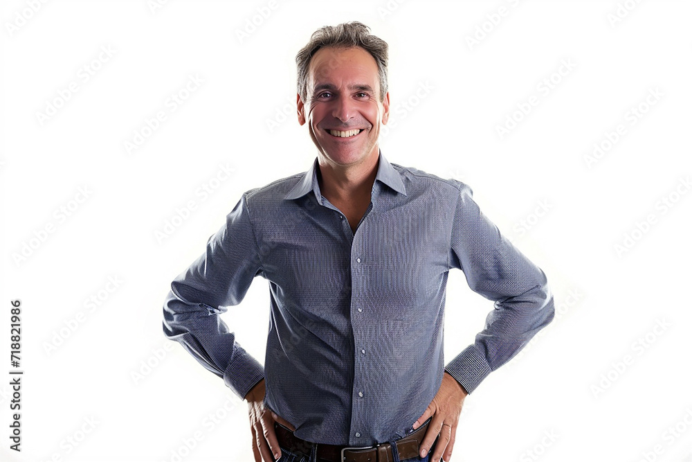 portrait of businessman hands on waist on white isolated background portrait of businessman hands on waist on white isolated background